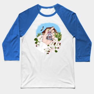 Ukrainian Folk Doll, Motanka. Native home, apple blossom, a stork flies in the blue sky. Baseball T-Shirt